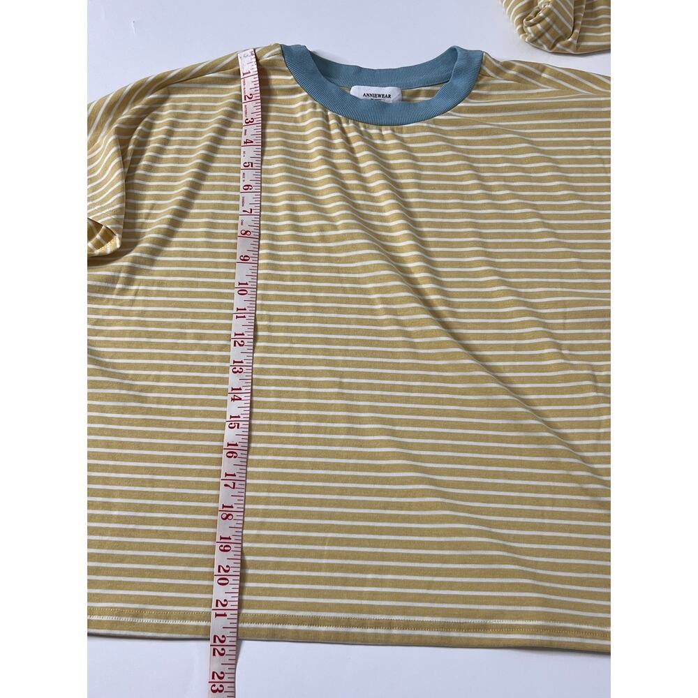 Anniewear Yellow White Stripe Lounge Small Blue Trim Pocket Shorts Matching Set - Picture 12 of 13